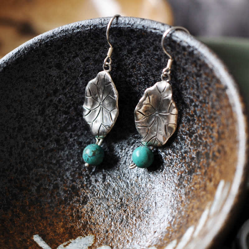 EverestArtStudios 925 Sterling Silver Turquoise Lotus Leaf Protection Drop Dangle Earrings