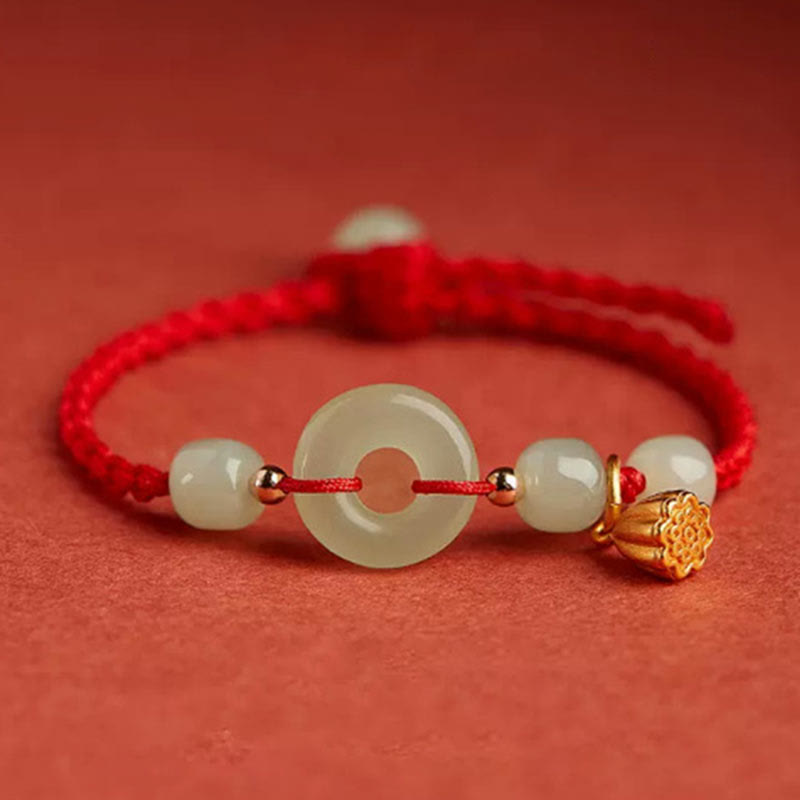 EverestArtstudios Round Peace Buckle Jade Lotus Happiness Abundance Wealth String Bracelet
