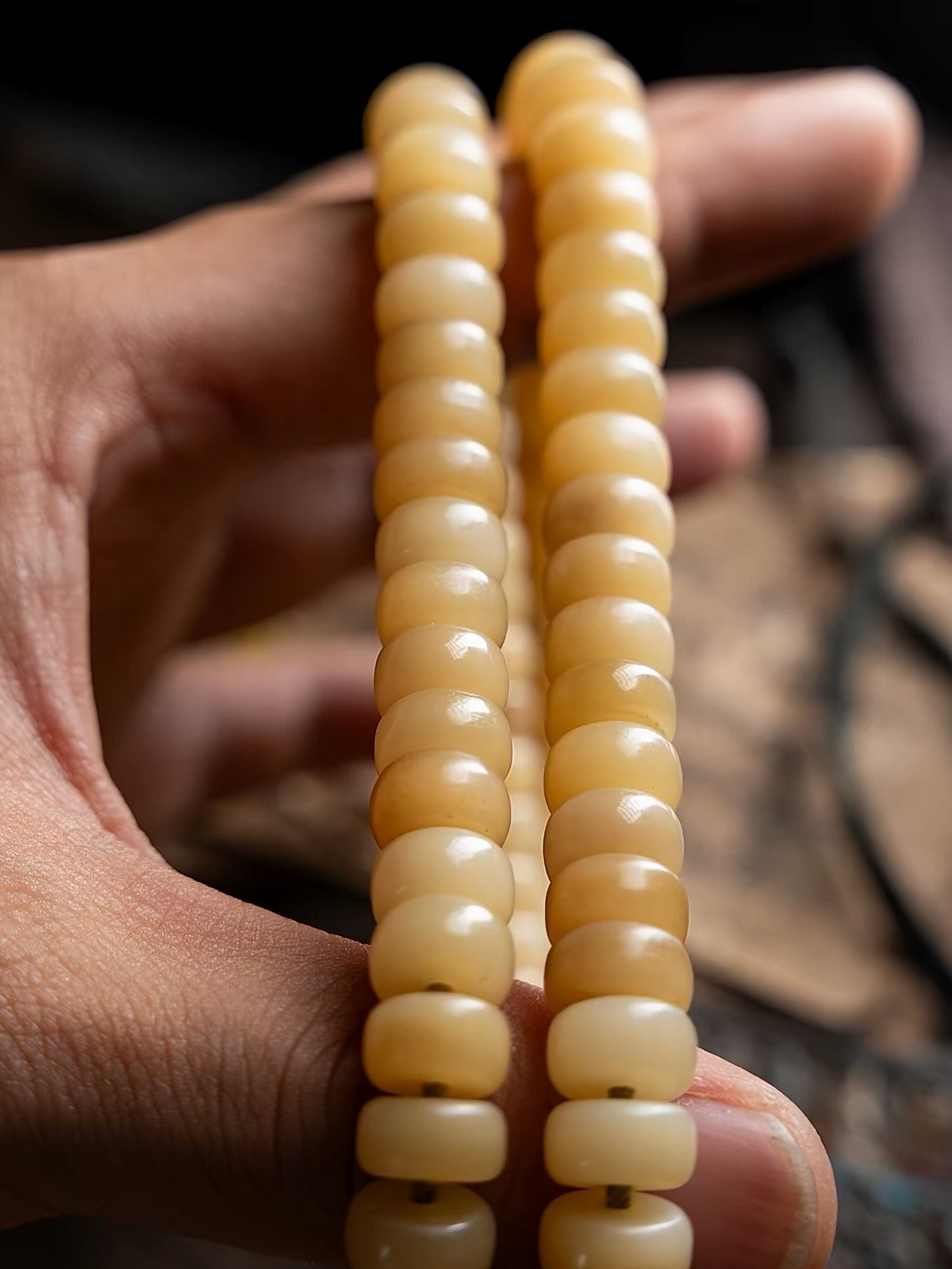 Natural Camel Bone Mala Bracelet 108 Beads, Tibetan Prayer Beads, Yellow Fossilized Bone Wrist Mala, Multi Wrap Meditation Bracelet for Men