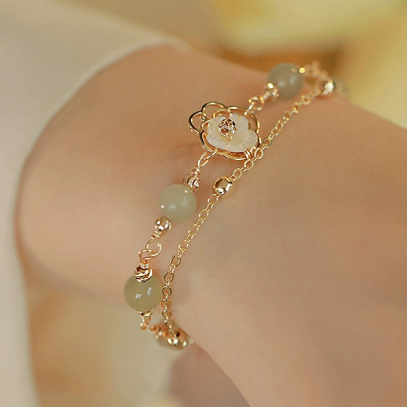 EverestArtStudios 14K Gold Plated Jade Butterfly Tridacna Stone Flower Double Layer Luck Bracelet