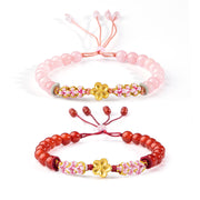 Buddha Stones 999 Sterling Silver Natural Red Agate Pink Crystal Cherry blossom Bracelet