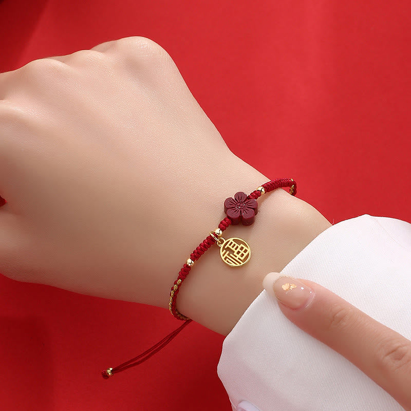 EverestArtstudios Cinnabar Flower Fu Character Blessing Braided String Bracelet