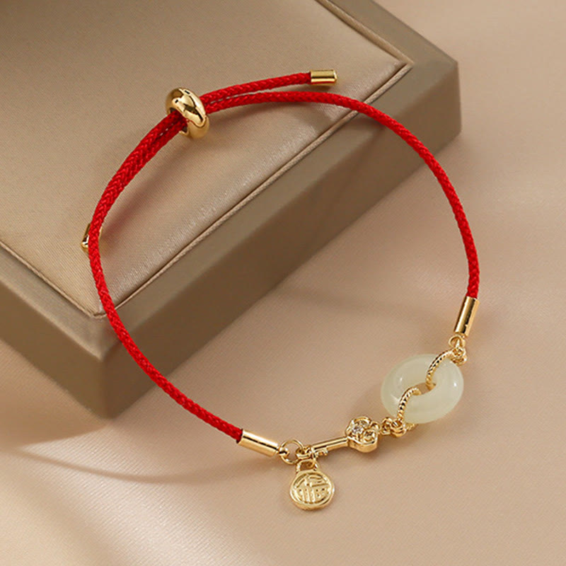 EverestArtstudios 18K Gold Plated Hetian Jade Peace Buckle Fu Character Luck Red Rope Bracelet