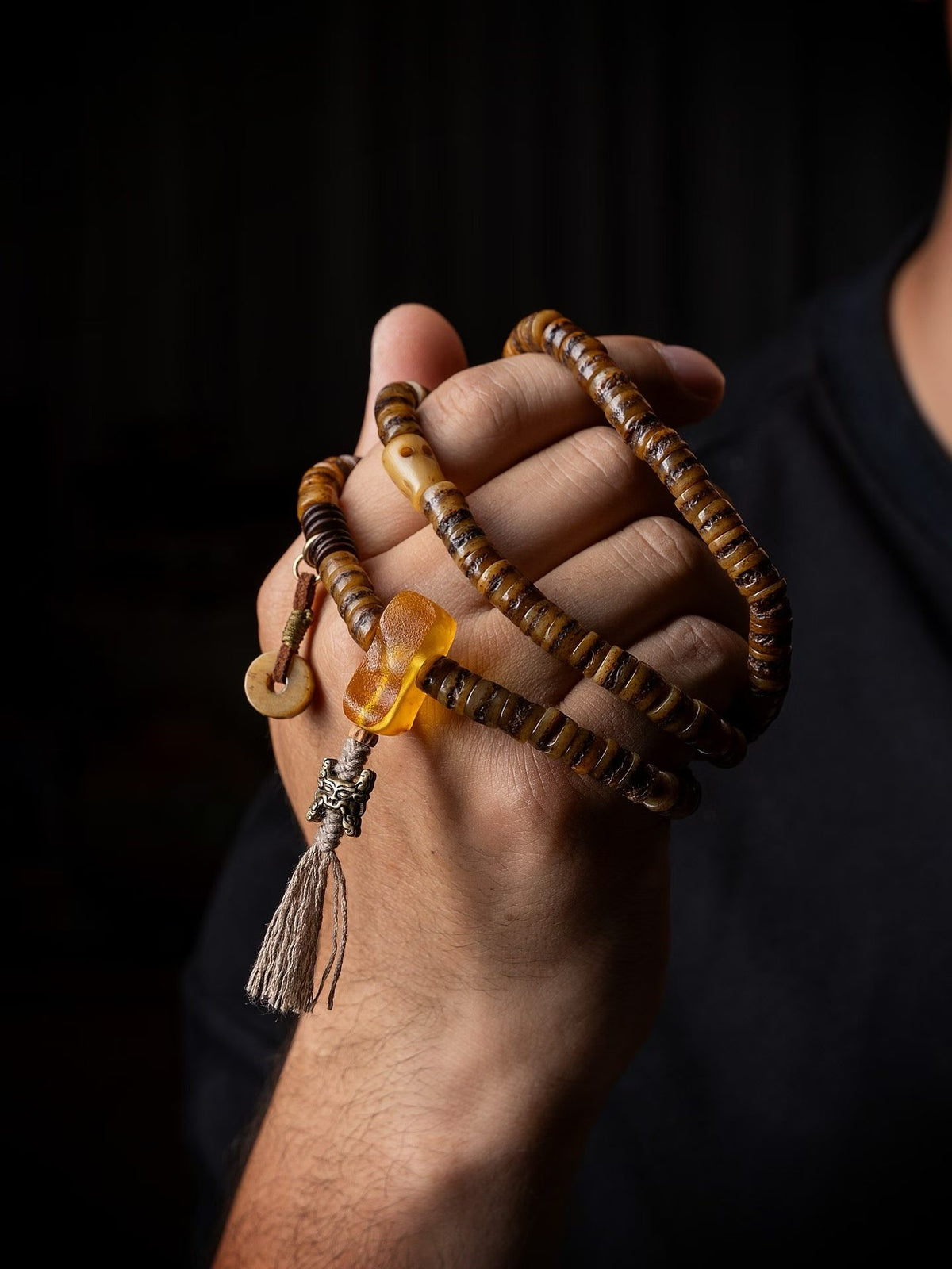 Everest Tibetan Style 108 Bead Mala Necklace, Deer Antler & Coconut Shell Prayer Beads, Meditation Mala, Himalayan Inspired Spiritual Jewelry