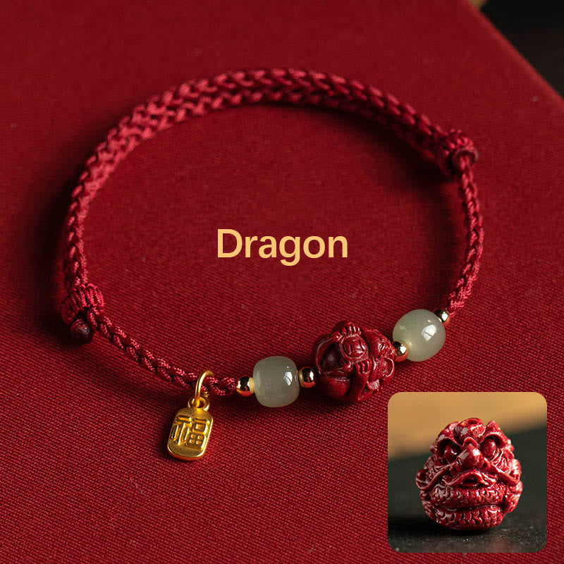 EverestArtstudios Natural Cinnabar Chinese Zodiac Hetian Jade Fu Character Luck Rope Bracelet