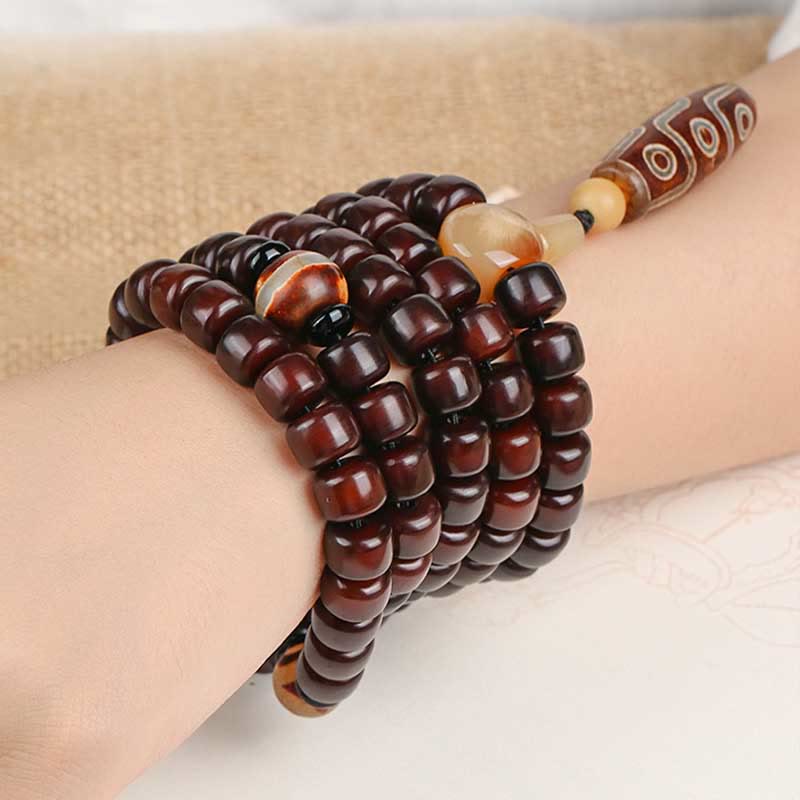 EverestArtstudios 108 Mala Beads Three-eyed Dzi Bead Nine-eye Dzi Bead Jade Luck Bracelet