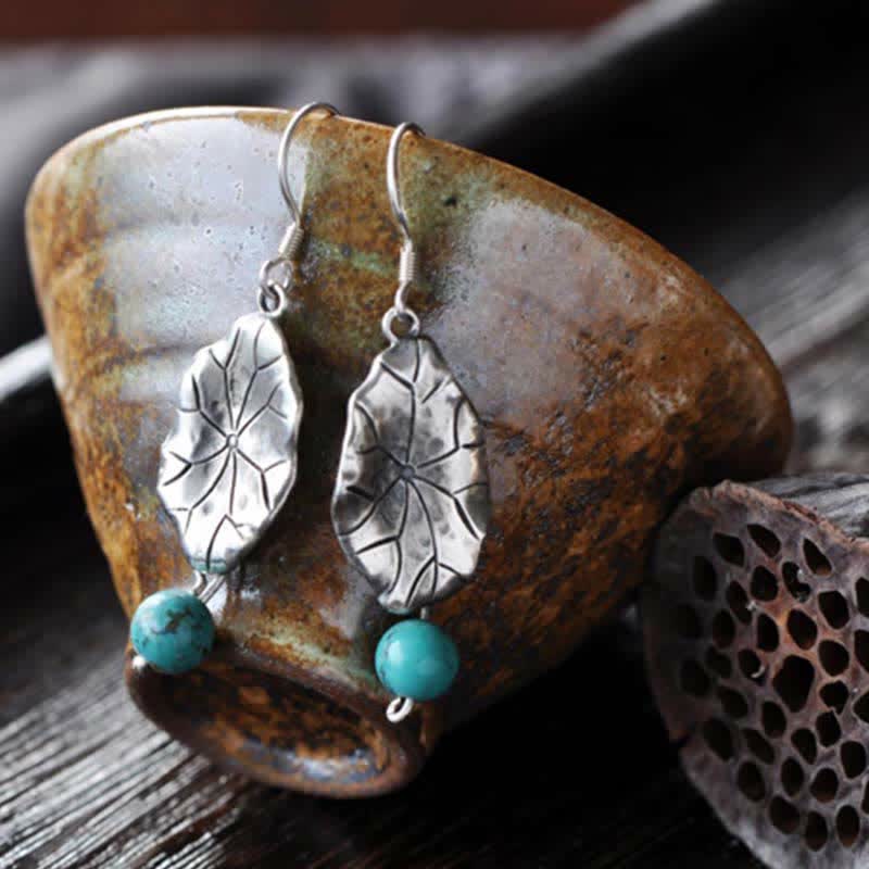 EverestArtStudios 925 Sterling Silver Turquoise Lotus Leaf Protection Drop Dangle Earrings