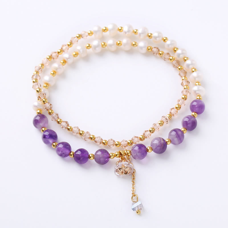 Buddha Stones Natural Amethyst Aquamarine Strawberry Quartz Pearl Peace Healing Double Wrap Bracelet