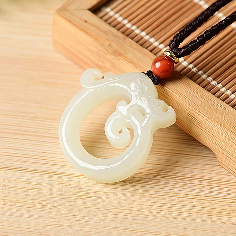 EverestArtstudios White Jade Cyan Jade Dragon Protection Necklace String Pendant
