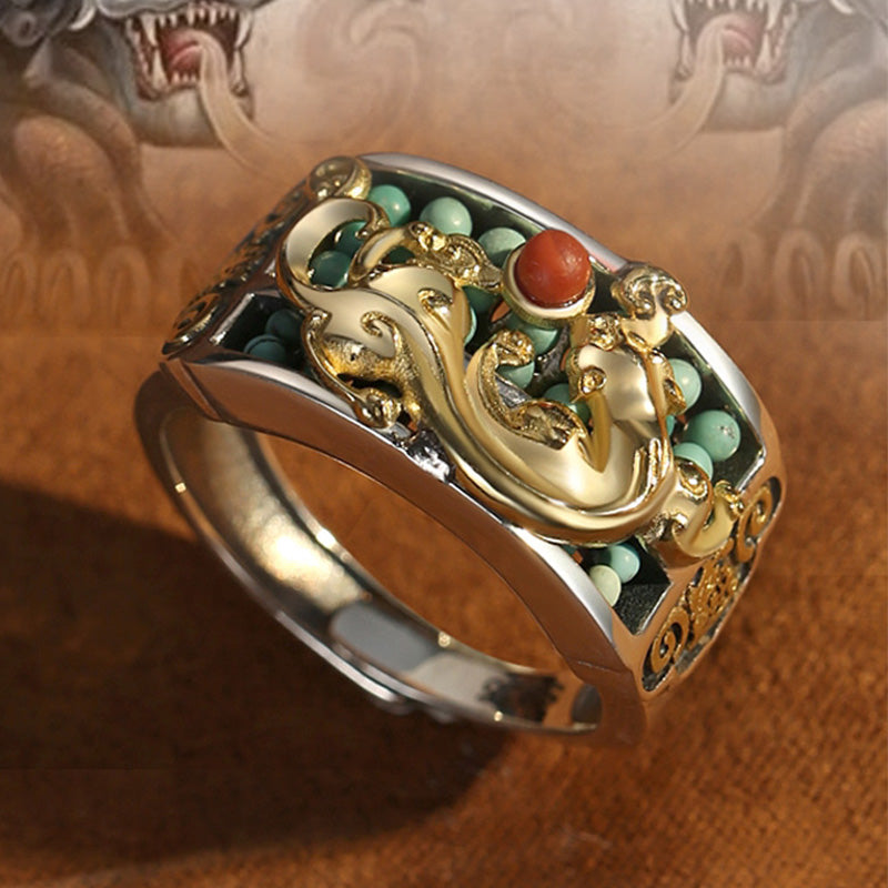 EverestArtStudios 925 Sterling Silver Turquoise Red Agate PiXiu Abacus Protection Ring