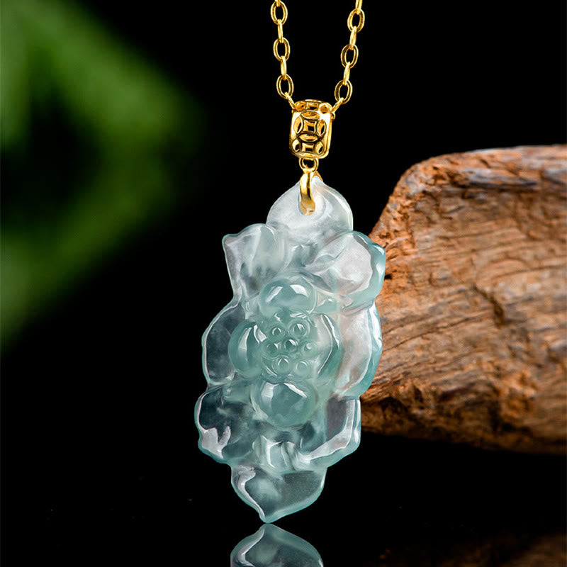 Buddha Stones Natural Jade Lotus Pattern Prosperity Titanium Steel Chain Necklace Pendant