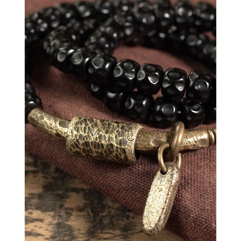 Buddha Stones Retro Coconut Shell Brass Copper Happiness Triple Wrap Bracelet
