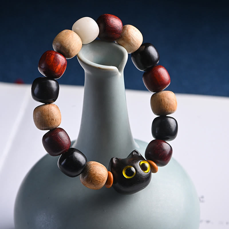 EverestArtStudios Small Leaf Red Sandalwood Ebony Wood Cute Cat Engraved Protection Bracelet