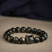Bracelet chat obsidienne reflets or argent