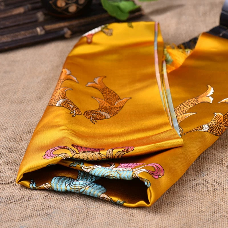 Yellow Embroidered Tibetan Khata Scarf with Eight Auspicious Symbol