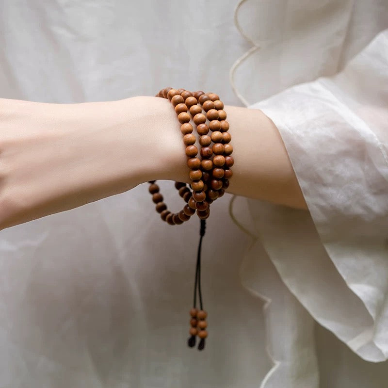 Premium Old Indian Sandalwood 108-Bead Mala Bracelet / Necklace – 0.24”, 0.31”, 0.39”, Calming & Meditation
