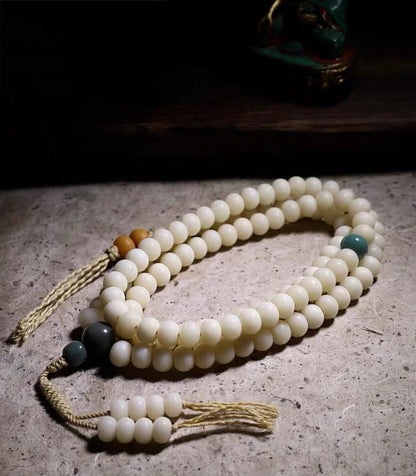 EverestArtStudios Natural White Bodhi Root Mala Necklace – 108 Beads Meditation Prayer Beads – White Jade-Like Bodhi Seed Bracelet – Unisex Buddhist Mala Gift