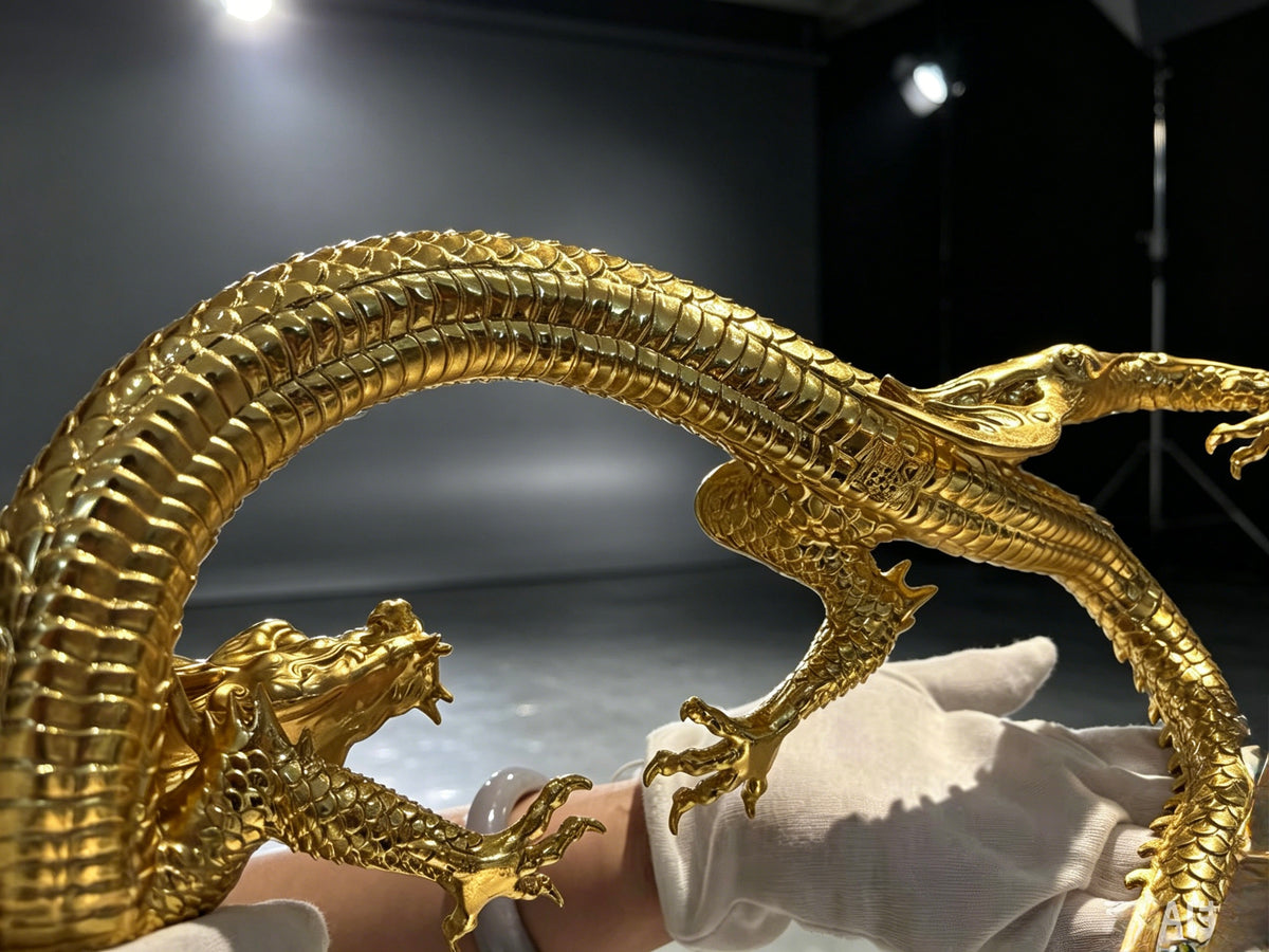 Handcrafted Golden Brass Dragon Statue: Tibetan Feng Shui Decor