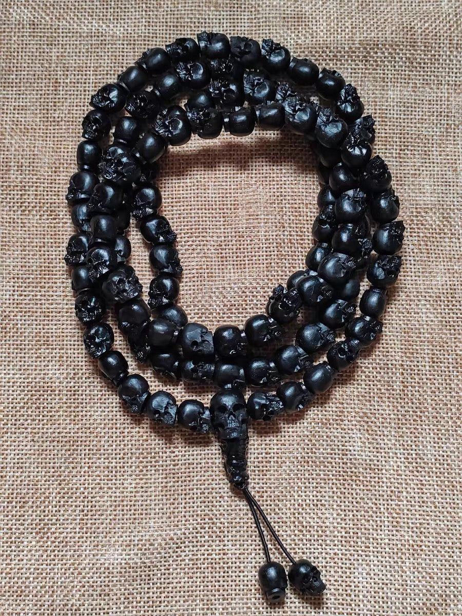 Natural Black Sandalwood Skull Mala Bracelet: Tibetan Buddhist Prayer 108 Beads