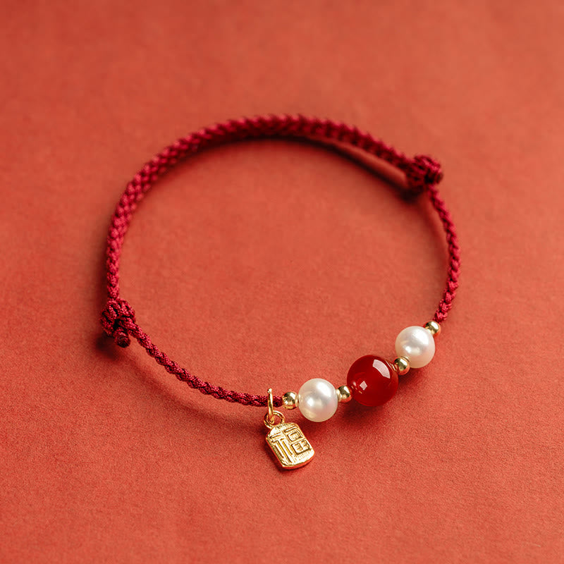 EverestArtstudios 925 Sterling Silver Good Fortune Fu Character Agate Pearl Red String Braid Bracelet