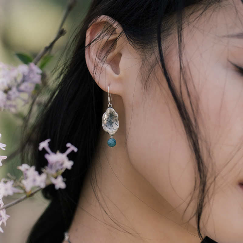 EverestArtStudios 925 Sterling Silver Turquoise Lotus Leaf Protection Drop Dangle Earrings