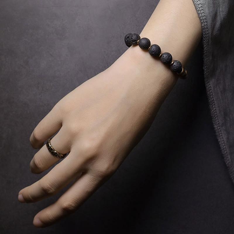 Buddha Stones Lava Rock Stone Rainbow Obsidian Brass Support Healing Bracelet