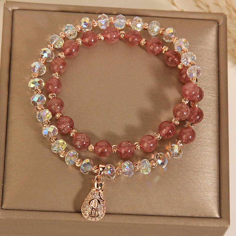 EverestArtStudios Strawberry Quartz White Crystal Money Bag Charm Positive Bracelet
