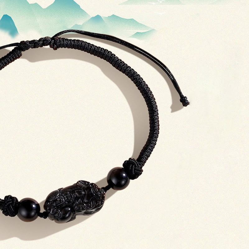 EverestArtstudios Handmade Natural Silver Sheen Obsidian Strawberry Quartz PiXiu Protection Braided Bracelet