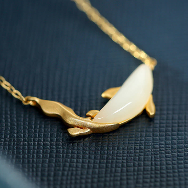EverestArtstudios 925 Sterling Silver White Jade Dolphin Luck Necklace Pendant