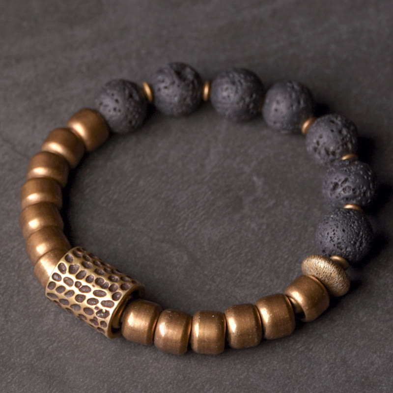 Buddha Stones Lava Rock Stone Rainbow Obsidian Brass Support Healing Bracelet