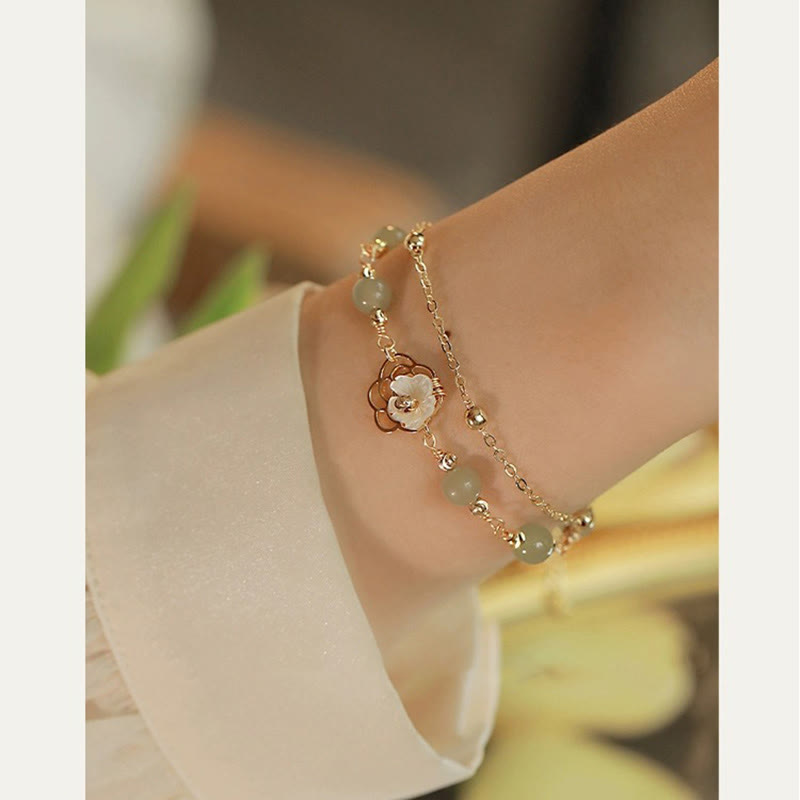EverestArtStudios 14K Gold Plated Jade Butterfly Tridacna Stone Flower Double Layer Luck Bracelet