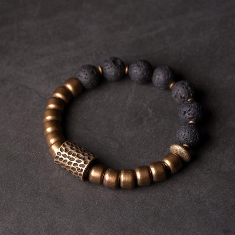 Buddha Stones Lava Rock Stone Rainbow Obsidian Brass Support Healing Bracelet