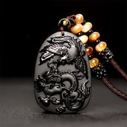 Buddha Stones Black Obsidian Tiger Eye Dragon Phoenix Protection Beaded Necklace Pendant