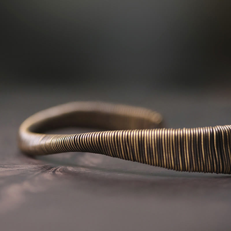 Buddha Stones Simple Design Wrapped Brass Copper Luck Wealth Adjustable Cuff Bracelet