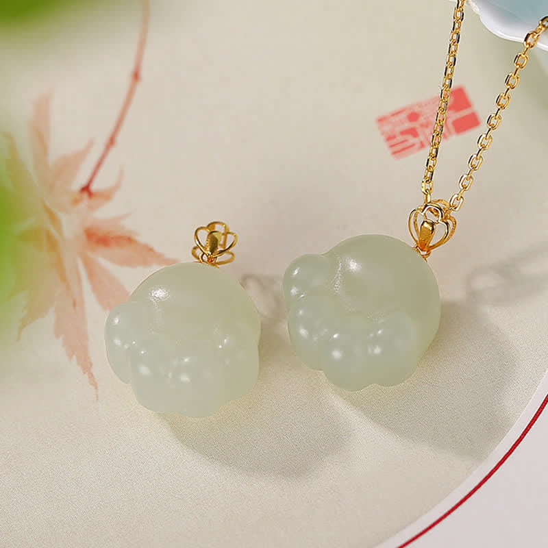 EverestArtstudios 925 Sterling Silver Hetian White Jade Cute Cat Paw Luck Necklace Pendant