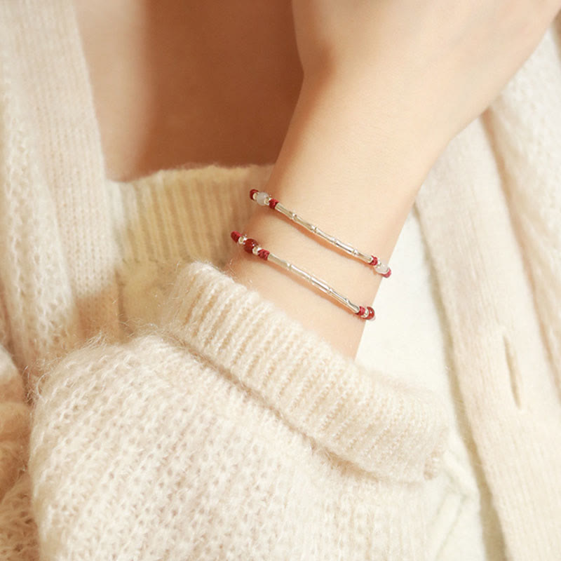 EverestArtstudios 925 Sterling Silver Bamboo White Agate Red Agate Bead Protection String Braided Bracelet