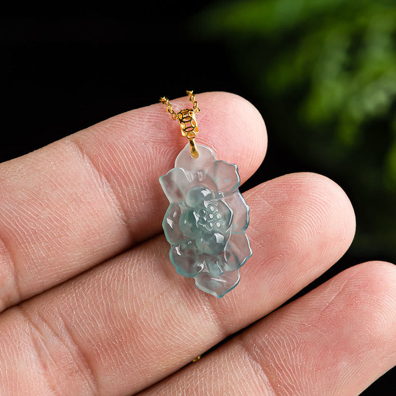 Buddha Stones Natural Jade Lotus Pattern Prosperity Titanium Steel Chain Necklace Pendant