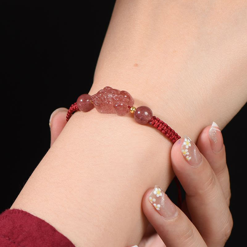 EverestArtstudios Natural Strawberry Quartz PiXiu Lucky Red String Bracelet