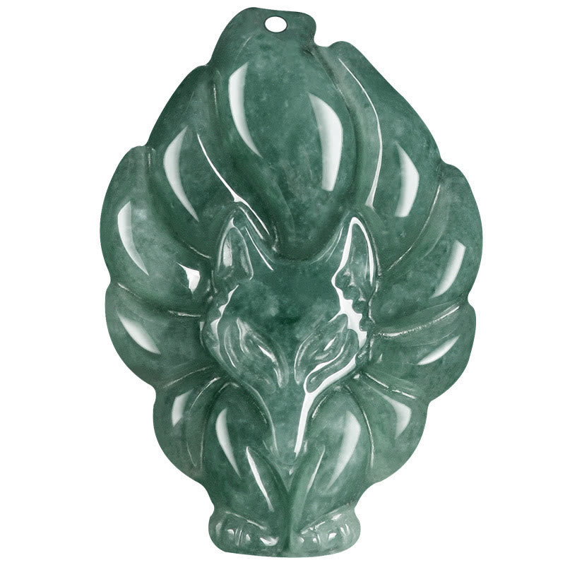 EverestArtstudios Natural Green Jade Nine Tailed Fox Luck Necklace Pendant