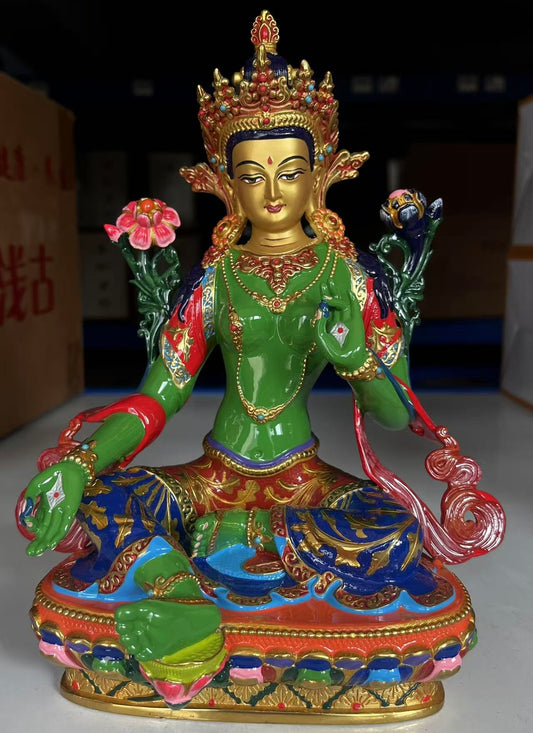 Green Tara Brass Statue – Hand-Painted Tibetan Buddhist Deity, 16cm / 21cm / 33cm (6.3” / 8.3” / 13”) Height
