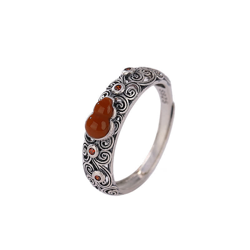 EverestArtstudios 925 Sterling Silver Red Agate Cyan Jade Gourd Blessing Auspicious Ring