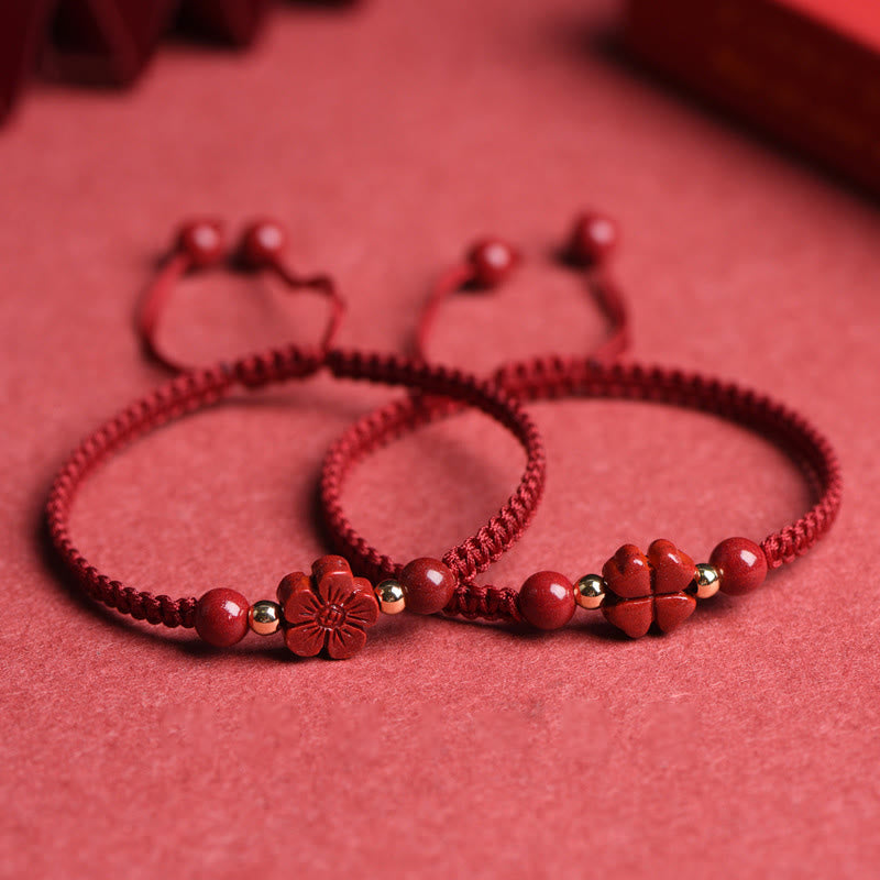 EverestArtstudios Four Leaf Clover Five-petal Flower Cinnabar Blessing Red String Bracelet