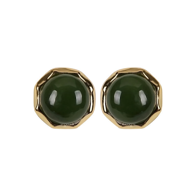 Buddha Stones 925 Sterling Silver Plated Gold Natural Hetian Cyan Jade Bead Luck Stud Earrings