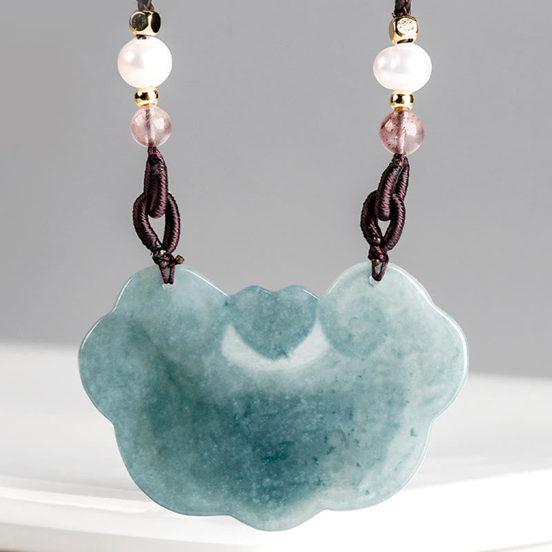 EverestArtstudios Natural Jade Peony Flower Lock of Good Wishes Prosperity Necklace Pendant