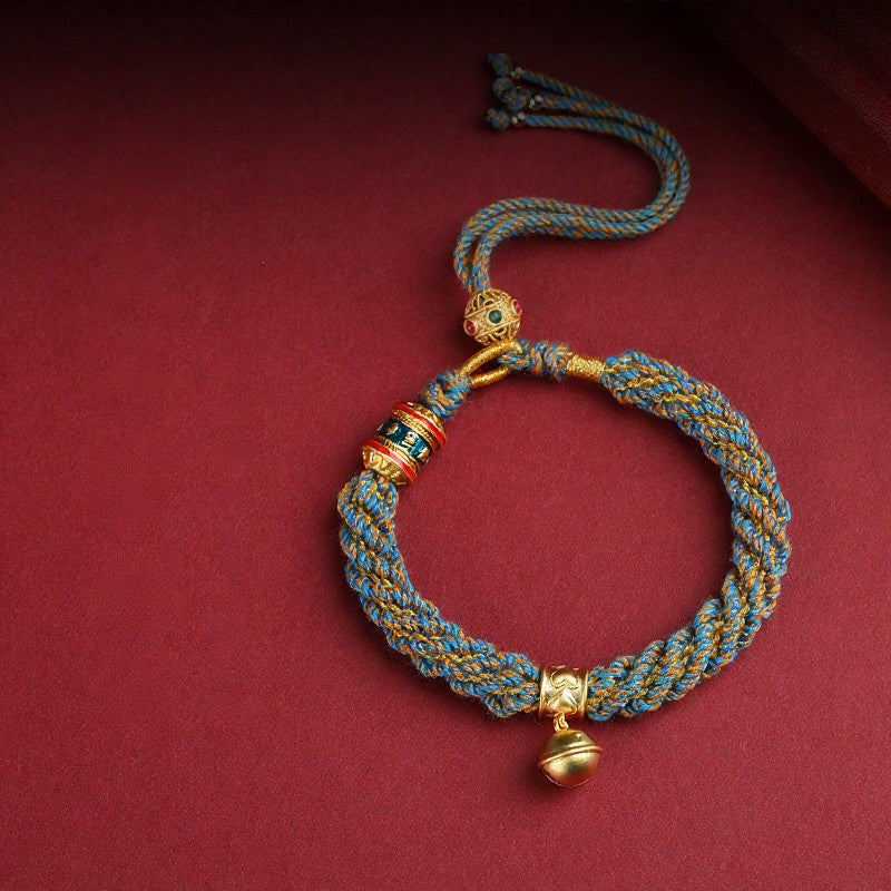 Buddha Stones Hand-Woven Tibetan Om Mani Padme Hum Wisdom Bell Charm Multicolor Rope Bracelet