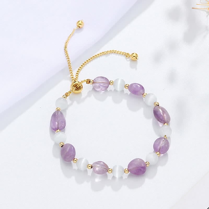 Buddha Stones Amethyst Pink Crystal Black Rutilated Quartz Spiritual Awareness Bracelet