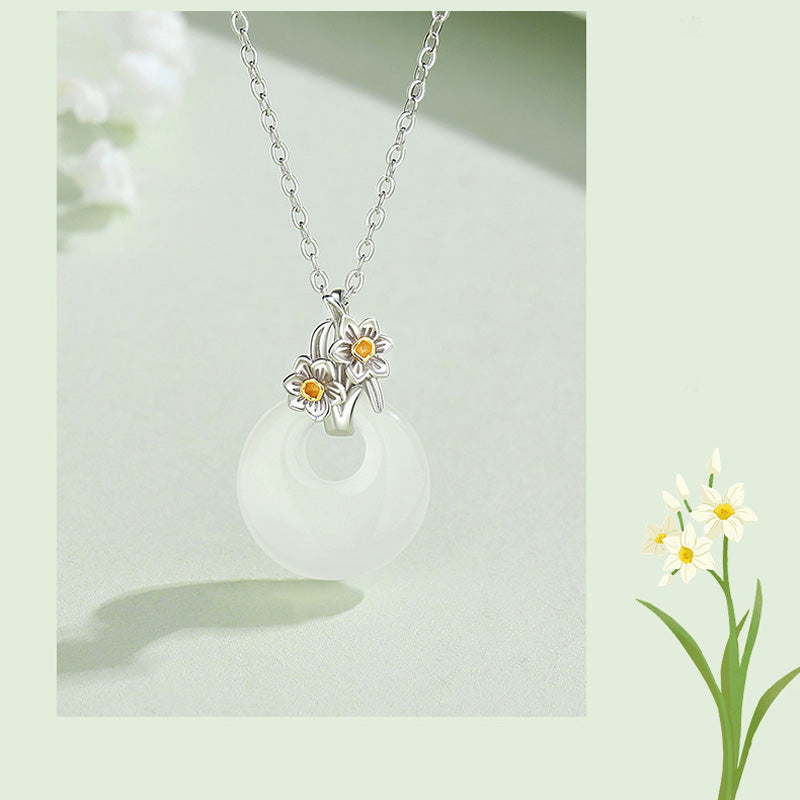 EverestArtstudios 925 Sterling Silver Round Chalcedony Twelve Months Flower Harmony Necklace Pendant
