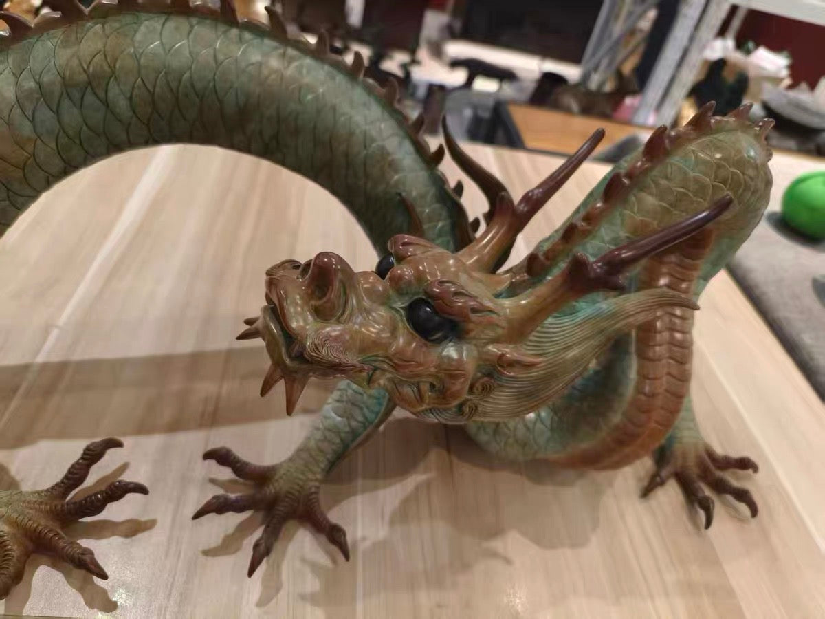 LARGE Handcrafted Brass Dragon Statue: Tibetan Feng Shui Decor