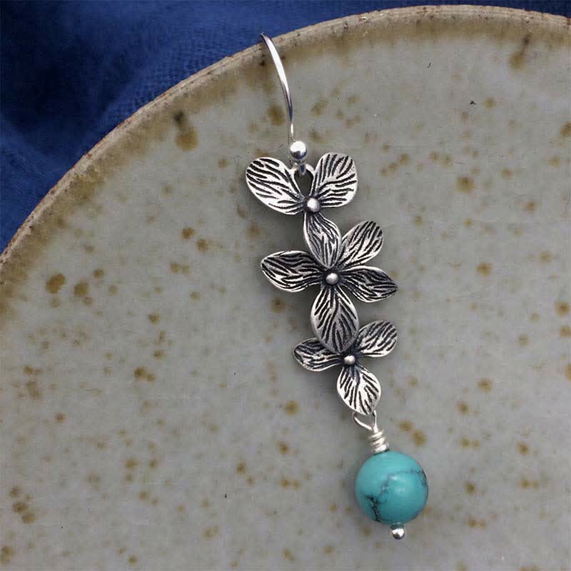 EverestArtStudios 925 Sterling Silver Turquoise Lazurite Lapis Lazuli Flower Leaf Serenity Protection Hook Drop Dangle Earrings
