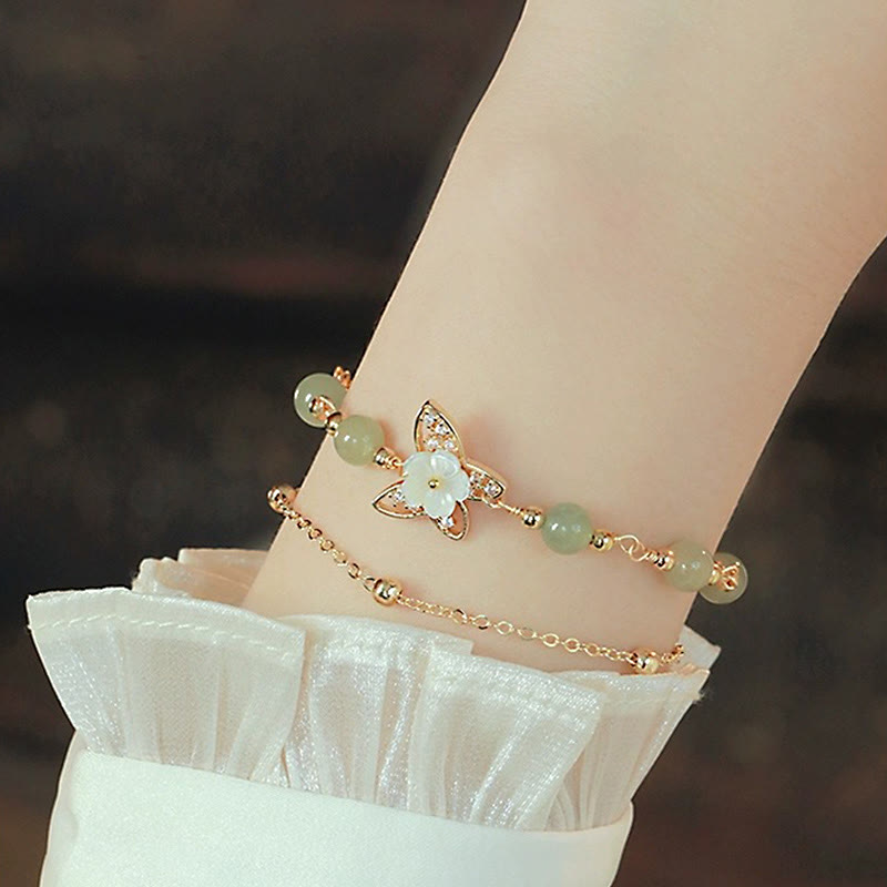 EverestArtStudios 14K Gold Plated Jade Butterfly Tridacna Stone Flower Double Layer Luck Bracelet